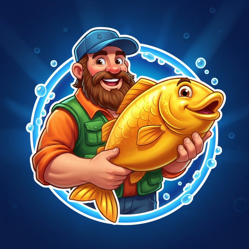 Fisherman wild symbol - smiling fisherman in green vest holding golden fish